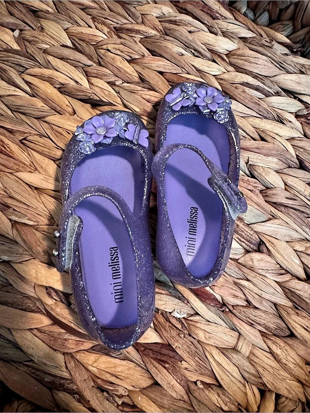 mini melissa Purple Glitter Flower Mary Jane Shoes